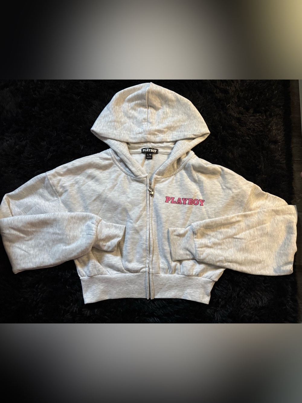 PLAYBOY Gray Cropped Zip Hoodie with Pink Logo